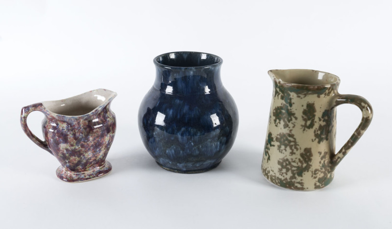 Two Australian pottery jugs and a blue glazed vase, early 20th century, vase incised "Arco, 2L", the vase 18.5cm high