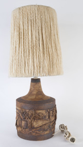 An Australian pottery table lamp with wool shade, circa 1970, base 40cm high