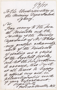 Baron Sir Ferdinand von MUELLER [1825 - 1896], 1877 (September 1) autographed letter sheet written in ink to the Undersecretary of the Mining Departments, Sydney, in which von Mueller expresses his gratitude for "a series of vegetable fossils" that had be