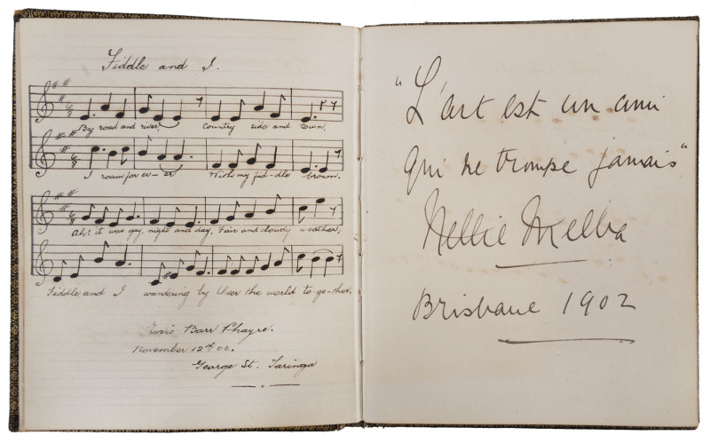A QUEENSLAND MUSICAL AUTOGRAPH BOOK, With entries dated between 1901 and 1909, this delightful little book has been used to collect the autographs, musical and literary quotations of Queensland-based musicians as well as several international visitors to