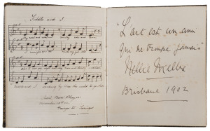 A QUEENSLAND MUSICAL AUTOGRAPH BOOK, With entries dated between 1901 and 1909, this delightful little book has been used to collect the autographs, musical and literary quotations of Queensland-based musicians as well as several international visitors to Brisbane during those years. Noted are Nellie Melba (1920), Josef Paderewski (1904), Clara Butt (Rumford), R. Kennerley Rumford (1907), Mary Massie Jefferies, Vada Massie Jefferies, Jessie Niven MacLachlan (May 1905), Ada Crossley, Edward Bransc