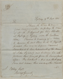 JOHN OXLEY [1784 - 1828] Manuscript copy letter from Sydney, in Oxley's hand, dated 19th Jan'y 1826, regarding a disputed claim over "land situated at Bylong, or Pylong, near the Goulburn River." The letter is signed off by Oxley in his capacity as Survey