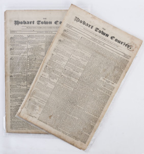 "The HOBART TOWN COURIER" four editions from 1829 (April 4, 25, May 9 & 30); all with "TWO PENCE" newspaper tax stamps in red. The April 25th edition includes a piece "setting forth the terms on which settlers will be permitted to locate in the country adjacent to the Swan River, on the west coast of New South Wales, where it is intended to found a new colony."