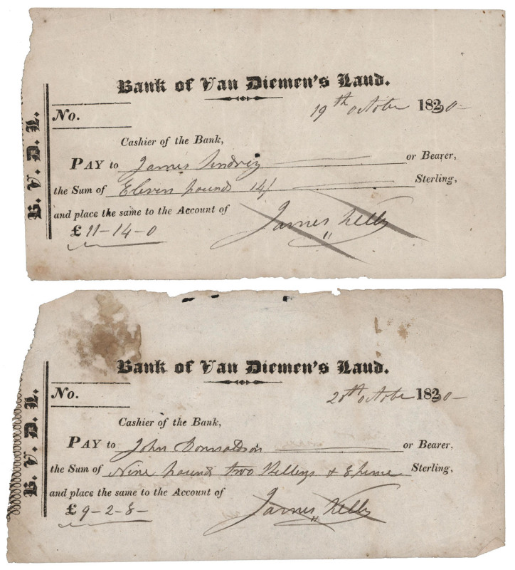 A pair of Bank of Van Diemen's Land cheques, dated 19th and 20th October 1830, instructing the Cashier of the Bank, to pay to two different payees the sums of "eleven pounds 14/-' Sterling and "Nine pounds two shillings & 8 pence" Sterling and place the f