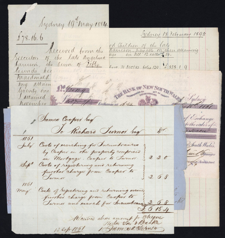 1850s - 1890s accumulation of commercial letters, receipts, Bank of New South Wales sight notes, and legal documents, mostly pertaining to the commercial undertakings and affairs of Thomas Cooper, Jnr of Waterloo Warehouse, Sydney. (44 items).