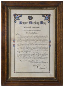 QUEENSLAND AT THE 1876 PHILADELPHIA CENTENNIAL EXHIBITION Illuminated presentation certificate, hand-illustrated and with calligraphy by H.W.Fox, the recipient being ANGUS MACKAY, who was the Commissioner for Queensland at the exhibition, which took place - 2