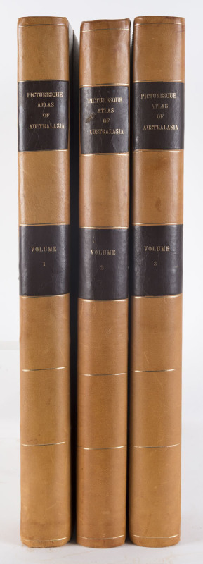 "Picturesque Atlas of Australasia" by the Hon. Andrew Garran [Syd., Melb.,Lon., USA, 1886], 3 Vol. Rebound quarter morocco with canvas cloth boards, full gilt edging and embossed gilt title to spines