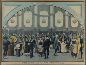 A CENTENARY BALL AT ADELAIDE TOWN HALL Hand-coloured lithograph titled "JUVENILE FANCY DRESS BALL, HELD IN THE TOWN HALL, ON THURSDAY, OCTOBER 17, 1888. GIVEN BY LADY SMITH, MAYORESS OF ADELAIDE"; signed "E.M.Harrel" in the plate at lower right. framed & glazed, overall 63 x 75cm.