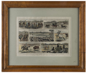 CORBOULD, Alfred, "Sketches Of A Stockman's Life In Australia", circa 1883, hand-coloured engraving, in birdseye maple frame, 35 x 50cm
