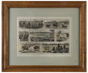 CORBOULD, Alfred, "Sketches Of A Stockman's Life In Australia", circa 1883, hand-coloured engraving, in birdseye maple frame, ​35 x 50cm