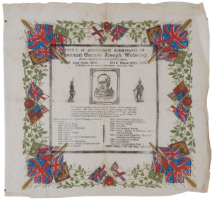 SOUVENIR PAPER NAPKINS or HANDKERCHIEFS Produced by a Mrs. S. Burgess in London for various occassions, these extremely flimsy pieces are the epitome of "ephemeral" souvenirs of regal or politically important events. This group of three were produced to commemorate "The Opening of Parliament by the King & Queen" (c1910), "The Trooping of the Colours by the King and Queen" (c1913) & a "Souvenir in affectionate reemembrance of Viscount Garnet Joseph Wolseley" (March 1913).
