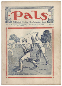PALS - An Australian Paper for Australian Boys: Vol.3 No.1 to Vol.3 No.26 complete, August 26, 1922 to February 17, 1923. (26 editions) includes five with front cover artwork by Daryl Lindsay, nine by Edgar Holloway and two by Betty Paterson.