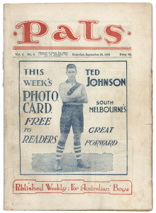 PALS - An Australian Paper for Australian Boys: Vol.5 No.1 to Vol.5 No.26 complete, August 30, 1924 to February 21, 1925. (26 editions) includes three with front cover artwork by Daryl Lindsay. Of particular note is the inclusion of ten of the popular "Supplements" - all cricketers.