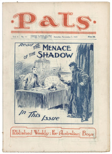 PALS - An Australian Paper for Australian Boys: Vol.6 No.3 to Vol.6 No.14 complete, September 12, 1925 to November 28, 1925. (12 editions) includes four with front cover artwork by Daryl Lindsay. Of particular note is the inclusion of six of the popular "