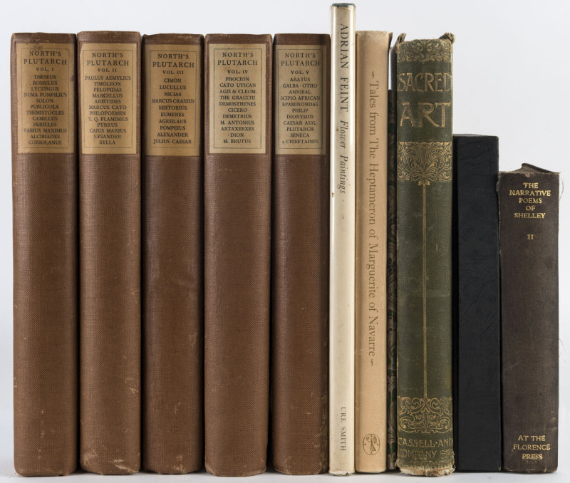 A shelf of books including North's Plutarch The Lives of the Noble Grecians (5 vols., 1929), Adrian Feint Flower Paintings (signed L/E., 1948), Tales from The Heptameron of Marguerite of Navarre (1976), etc. (11 h/c volumes).