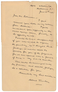 Correspondence from Albert Tucker to a client, James Robinson, 1961-62 Six hand-written letters in ink on letter sheets or letter cards, all fully signed "Albert Tucker" and three C-type photographs, each letter postmarked between “27 June 1961” and “16 Jan. 1962”. The letters are addressed to “James Robinson Esq., 7/73 Kirribilli Avenue, Kirribilli, Sydney, NSW” from “Albert Tucker, Apt 3, 9 Collins St, Melb., C1, Victoria.”