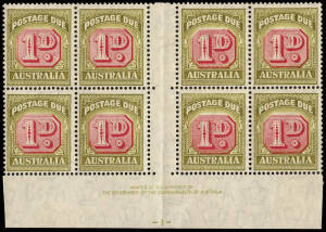 1946-57 (SG.D120) 1d Carmine & Green, lower marginal blk.(8) with Authority Imprint and complete Plate number " - 1 - " below; also showing the variety "White flaw in left of base of 1"; stamps MUH.