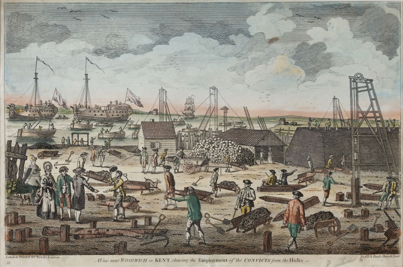 A View Near Woolwich In Kent, Shewing The Employment Of The Convicts From The Hulks c1800. Hand-coloured engraving, text including title and number “51” in plate below image, [London. Printed for Bowles & Carver, No. 69, St Pauls Church Yard.] 30 x 44.5c