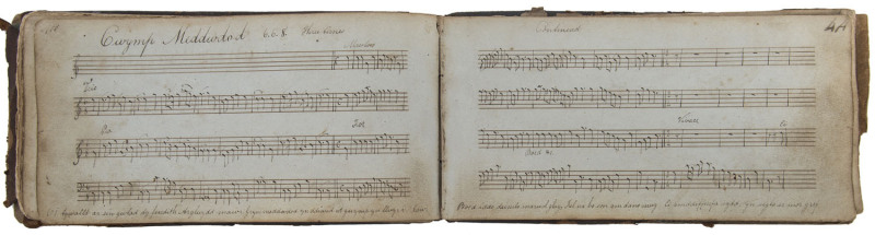 DAVID DAVIES (Dai'r Cantwr) - Welsh poet and lay-preacher transported to Van Diemen's Land, 1844 A leather-bound choirmaster's notebook; each page with 4 lines of printed staves on which Davies (and perhaps another hand) have written the 3 and 4-part harm