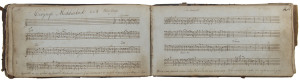 DAVID DAVIES (Dai'r Cantwr) - Welsh poet and lay-preacher transported to Van Diemen's Land, 1844 A leather-bound choirmaster's notebook; each page with 4 lines of printed staves on which Davies (and perhaps another hand) have written the 3 and 4-part harmonies for hymns and other liturgical pieces performed by Welsh Men's choirs.