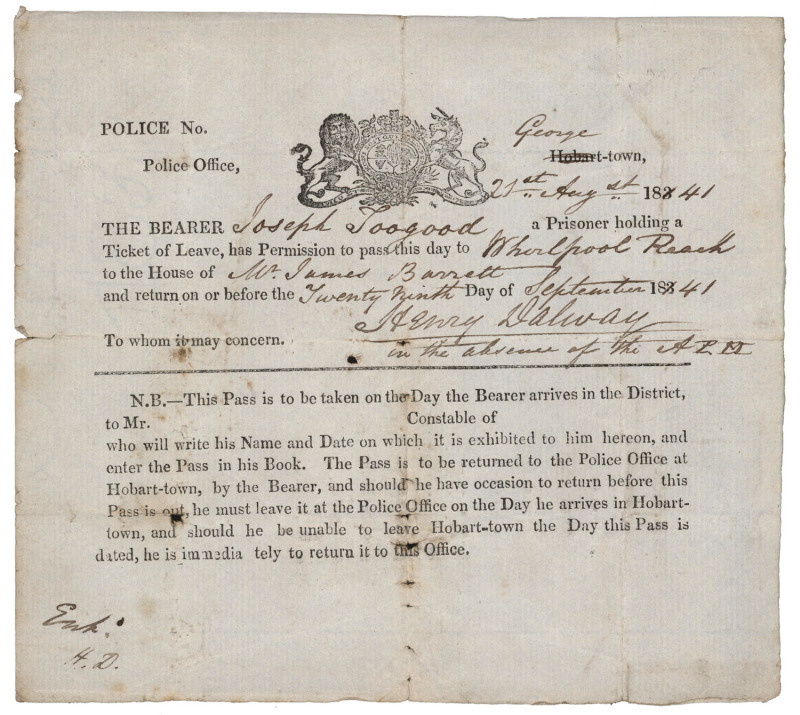 1841 TRAVEL PASS for JOSEPH TOOGOOD 21st August 1841 permission issued and signed by Henry Dalway (in the absence of the A.P.M.) for Joseph Toogood, a Prisoner holding a Ticket of Leave, to travel from George Town to Whirlpool Reach where he was assigned