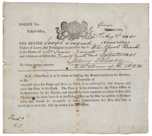 1841 TRAVEL PASS for JOSEPH TOOGOOD 21st August 1841 permission issued and signed by Henry Dalway (in the absence of the A.P.M.) for Joseph Toogood, a Prisoner holding a Ticket of Leave, to travel from George Town to Whirlpool Reach where he was assigned to work for Mr. James Barrett until the 29th September 1841.