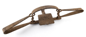 An iron mantrap, 19th century, 78cm across, jaws open to 30cm