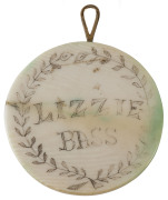 A convict forget me not sweetheart token, engraved "LIZZIE BASS", reverse with scrimshaw tallship, 19th century