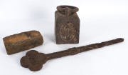 A 56 lb. weight with broad arrow mark, cast iron grave mark and convict sandstock brick, Tasmanian origin, 19th century