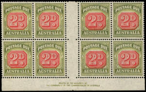 1946-57 (SG.D121) 2d Carmine & Green, lower marginal blk.(8) with Authority Imprint [with dot] and showing the prominent flaw "Extra diamond dot in curve of 2, with white flaw alongside". Mainly MUH; fine and fresh.