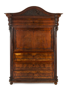 A rare secretaire cabinet in the Germanic style, Australian cedar, interior fitted with drawers veneered in Totara, Southern Queensland, circa 1860, 183cm high, 139cm wide, 60cm deep