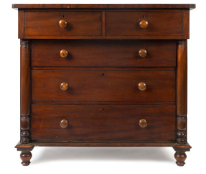 A small cantilevered five drawer chest with half columns and cross-banded edge, full cedar construction, Tasmanian origin, circa 1840, 101cm high, 112cm wide, 55cm deep