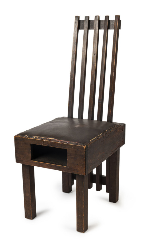 ERIC NICHOLLS Chair from the Men's Fellowship Room, Wesleyan Methodist Church, Kew, Australian hardwood and leatherette, circa 1919