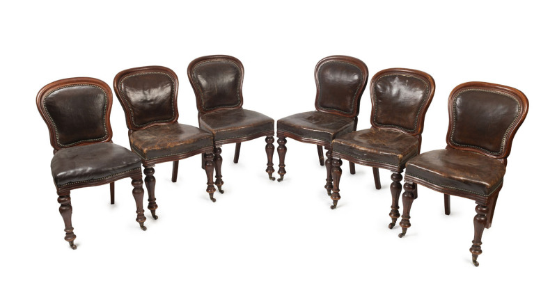 A set of six Colonial chairs, Tasmanian blackwood and cedar with leather upholstery, manufactured by "Aron & Co., Melbourne", 19th century