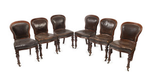 A set of six Colonial chairs, Tasmanian blackwood and cedar with leather upholstery, manufactured by "Aron & Co., Melbourne", 19th century
