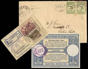Apr.1914 cover from Perth bearing 1/2d Roos, 1920s-40s Parcel Post labels (4) bearing Roos - KGVI adhesives to 3/-; also an interesting duplicated range of International Reply Coupons, mainly 1950s New Zealand, G.B., U.S.A., Canada, etc. (40+). Mixed lot.