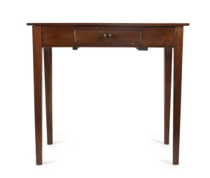 An early Colonial single drawer hall table with square tapering legs, Australian cedar, New South Wales origin, early to mid 19th century, primitive construction techniques employed, 77cm high, 83cm wide, 38cm deep