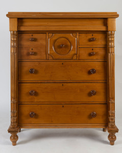 An eight drawer chest with fluted columns, Tasmanian huon pine, circa 1885, 142cm high, 118cm wide, 52cm deep