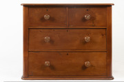 A four drawer chest, huon pine, South Australian origin, circa 1880, missing feet, 81cm high, 98cm wide, 48cm deep