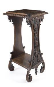 An unusual plant stand, ornately carved Tasmanian oak with owls, thistles and shamrocks, late 19th century, 98cm high, 46cm wide, 45cm deep