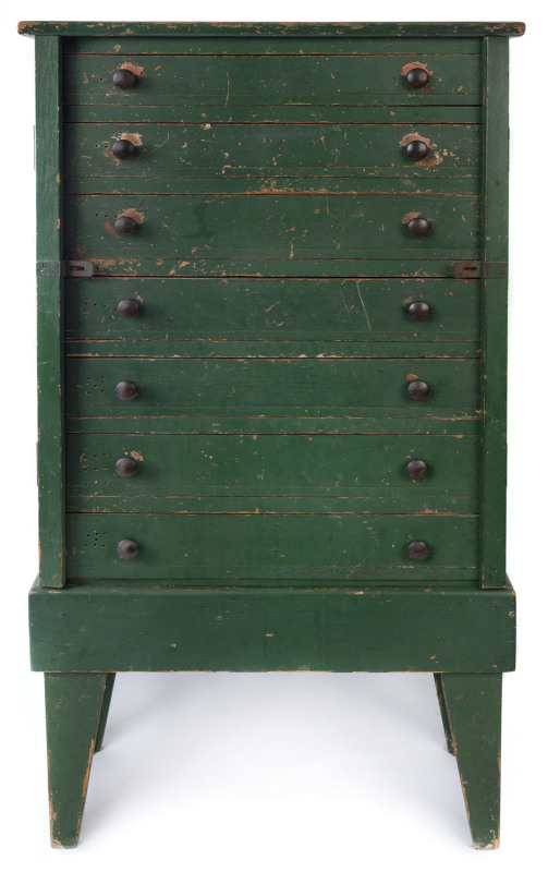 A rustic folk art Wellington chest with green painted finish, late 19th century, 98cm high, 54cm wide, 30cm deep