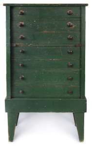 A rustic folk art Wellington chest with green painted finish, late 19th century, 98cm high, 54cm wide, 30cm deep