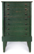 A rustic folk art Wellington chest with green painted finish, late 19th century, 98cm high, 54cm wide, 30cm deep