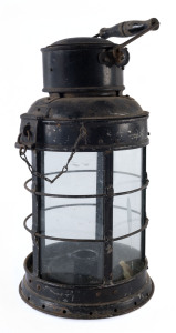 A miner's lantern, painted tin and glass, mid 19th century, 44cm high, PROVENANCE: Private Collection Ballarat