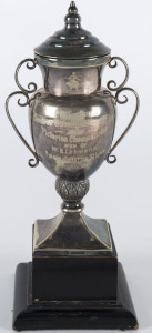 STEETH Australian sterling silver trophy cup "Australian Amateur Dancing Championship, 1938, Victorian Championship won by Mr. R. Lehmann., Palais de Danse, St Kilda., 4.10.38.", stamp "J. W. Steeth", on ebonised stand, 23cm high overall