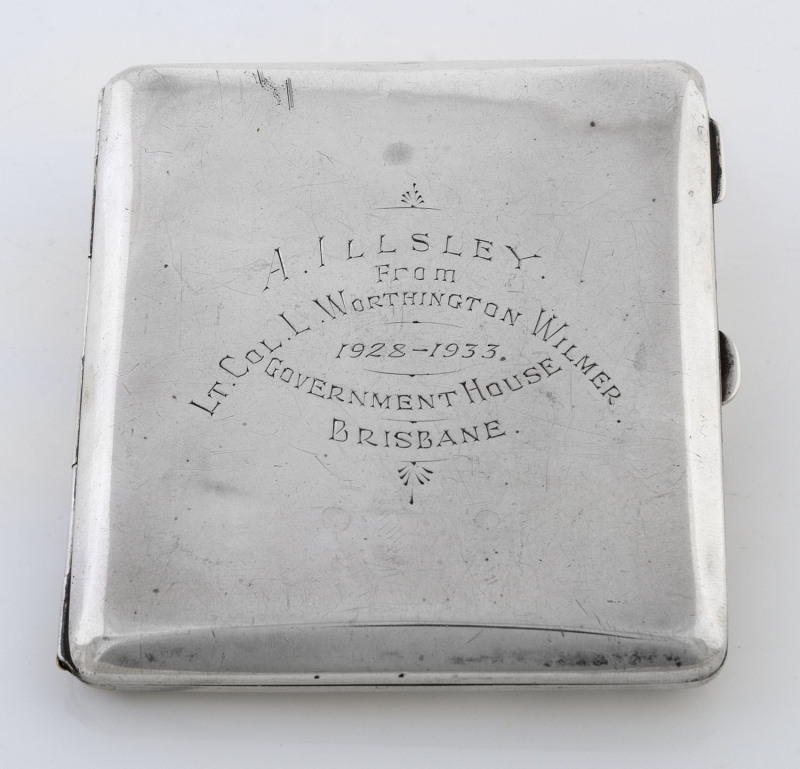 An Australian silver cigarette case engraved "A. ILLSLEY From LT. COL. L. WORTHINGTON WILMER, Government House, Brisbane, 1928 - 1933", stamped "S. SILVER APEX", ​8.5cm high, 115 grams