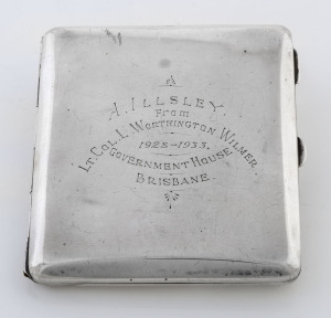 An Australian silver cigarette case engraved "A. ILLSLEY From LT. COL. L. WORTHINGTON WILMER, Government House, Brisbane, 1928 - 1933", stamped "S. SILVER APEX", 8.5cm high, 115 grams
