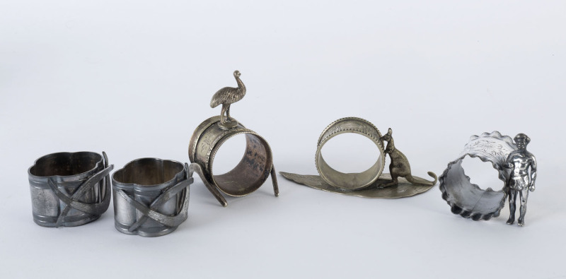 Five assorted Australiana napkin rings, silver plate and Britania metal,19th and 20th century, the largest 9cm high