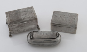 BRUNKHORST: Three sterling silver boxes, South Australian, 19th/20th century, stamped "Brunkhorst, Adelaide" with crown and lion marks, the largest 7cm across, 300 grams total