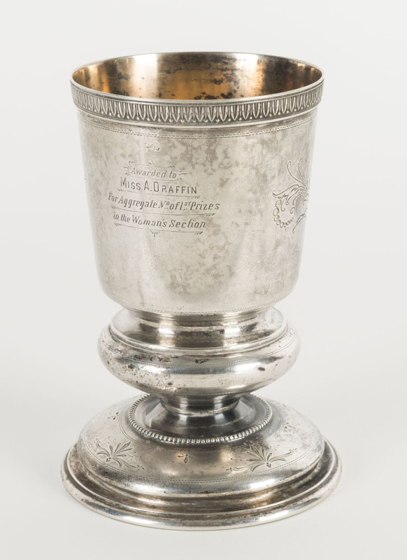 Australian silver trophy engraved "Ballarat A & P Society, Gift Of Mrs. A.L. Ronaldson,1930, Awarded To Mrs Draffin For Aggregate No. Of 1st Prizes In The Woman's Section", 15cm high, 161 grams
